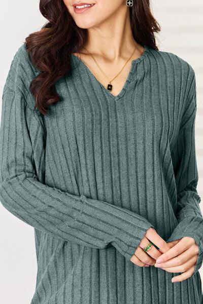 Basic Bae Full Size Notched Long Sleeve Top and Pants Set - Three Mad Hatters Mercantile 