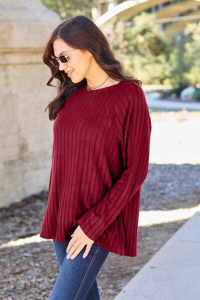 Basic Bae Full Size Ribbed Round Neck Long Sleeve Knit Top - Three Mad Hatters Mercantile 