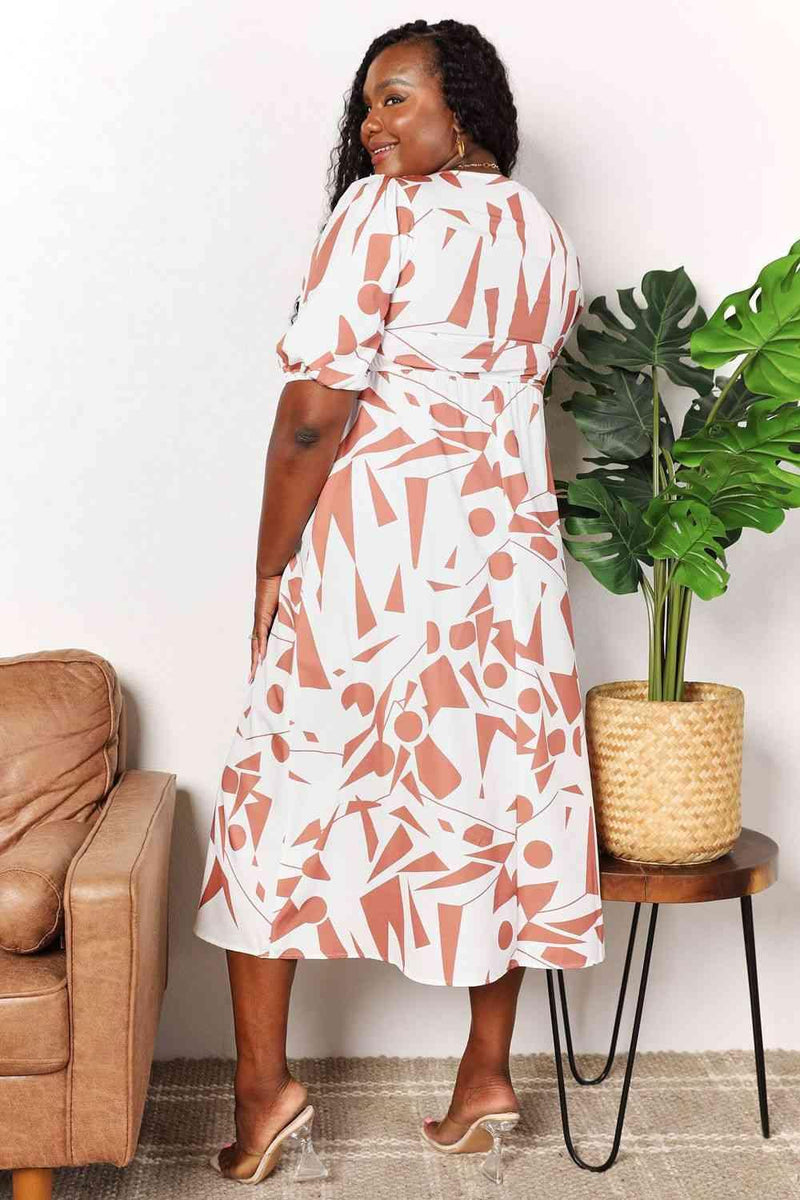 Double Take Printed Surplice Balloon Sleeve Dress - Three Mad Hatters Mercantile 