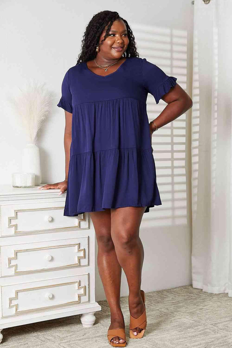 Double Take V-Neck Flounce Sleeve Tiered Dress - Three Mad Hatters Mercantile 