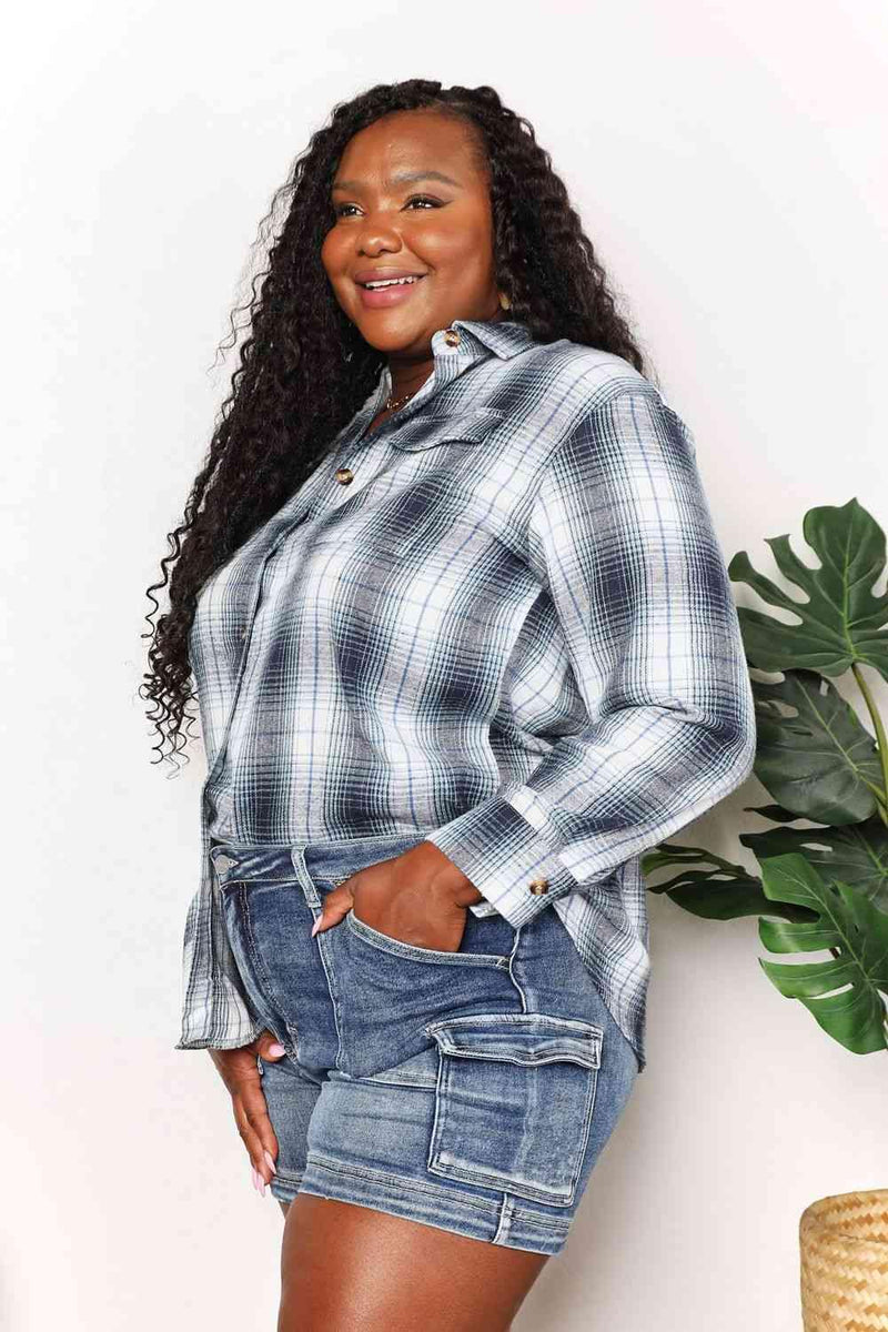 Double Take Plaid Dropped Shoulder Shirt - Three Mad Hatters Mercantile 