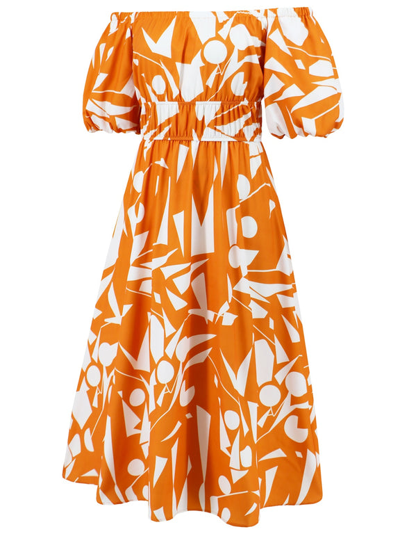 Printed Off-Shoulder Balloon Sleeve Dress Womens Midi Dress   