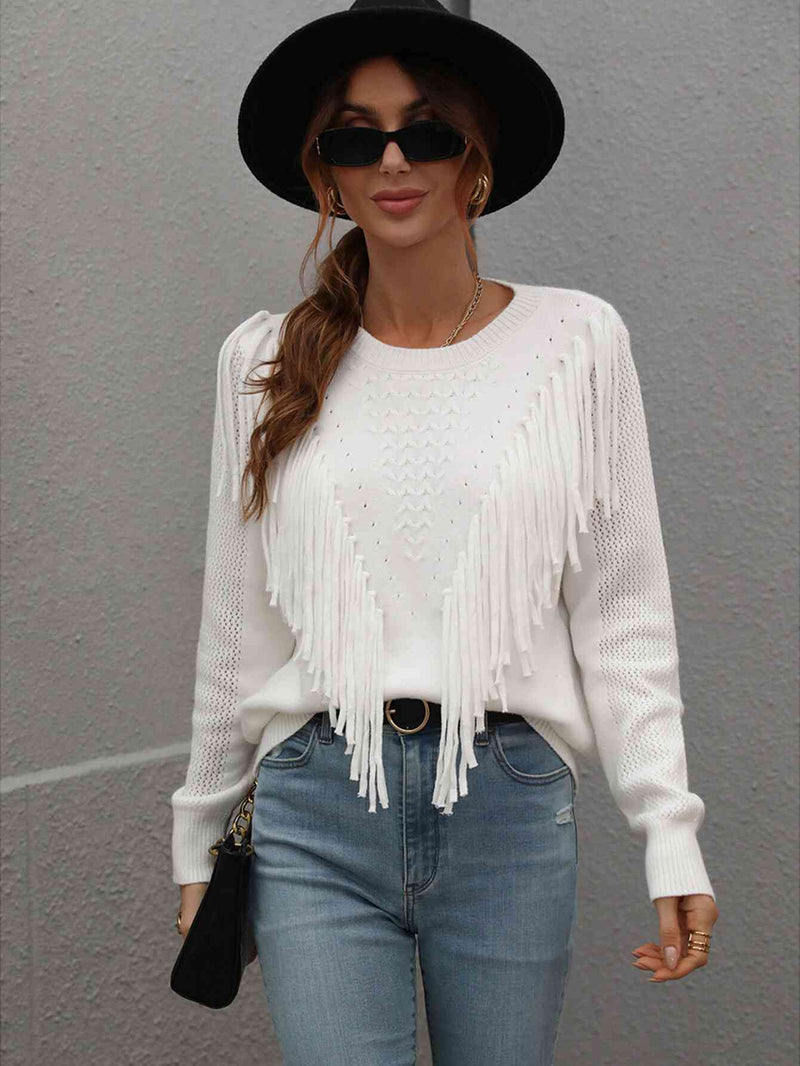 Double Take Fringe Detail Ribbed Trim Sweater Sweater White S 