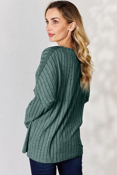 Basic Bae Full Size Ribbed Half Button Long Sleeve T-Shirt - Three Mad Hatters Mercantile 