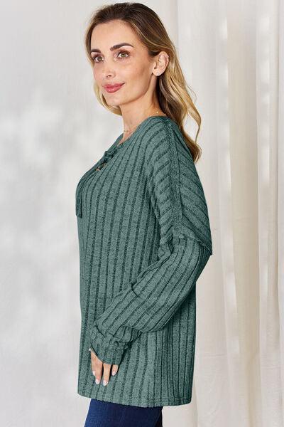 Basic Bae Full Size Ribbed Half Button Long Sleeve T-Shirt - Three Mad Hatters Mercantile 