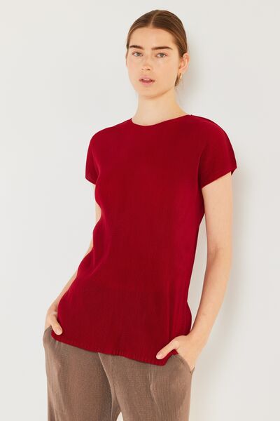 Marina West Swim Rib Pleated Cap Sleeve Top Womens Blouse Maroon Red S/M 