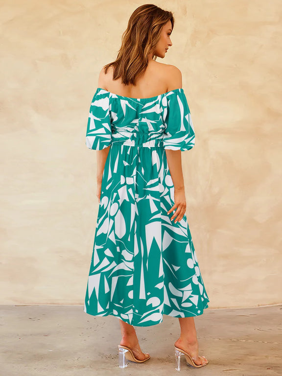 Printed Off-Shoulder Balloon Sleeve Dress Womens Midi Dress   