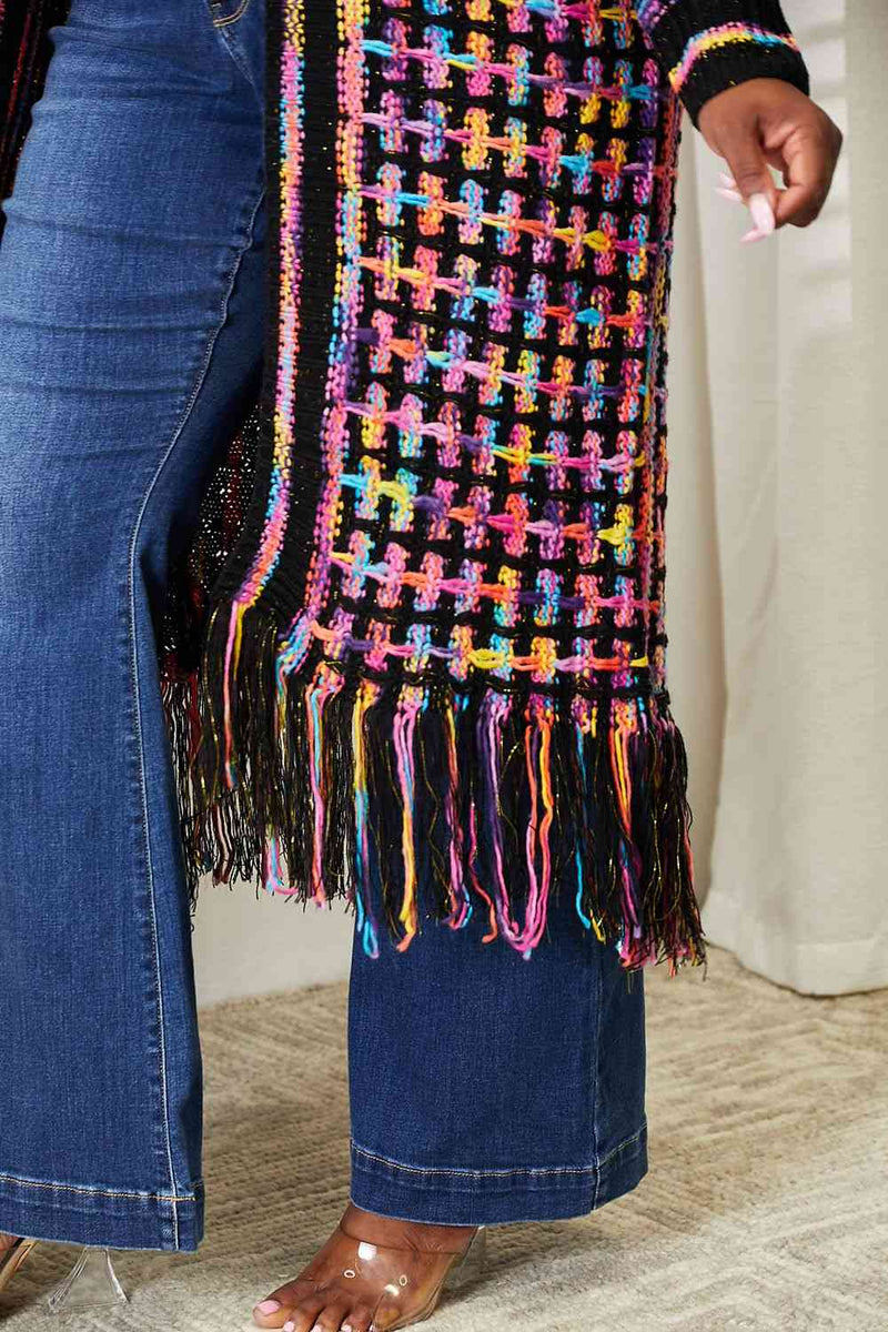 Double Take Multicolored Open Front Fringe Hem Cardigan Cardigan   