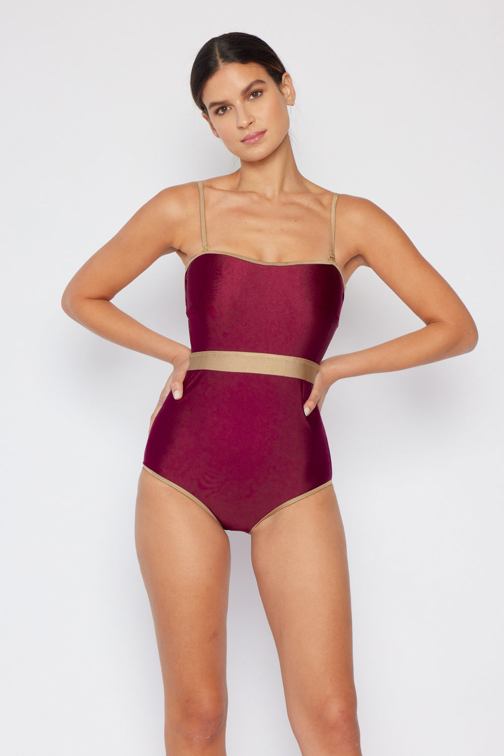 Marina West Swim Wave Break Contrast Trim One-Piece in Wine Womens Swimsuit   