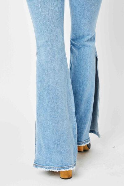 Judy Blue Mid Rise Raw Hem Slit Flare Jeans - Three Mad Hatters Mercantile 