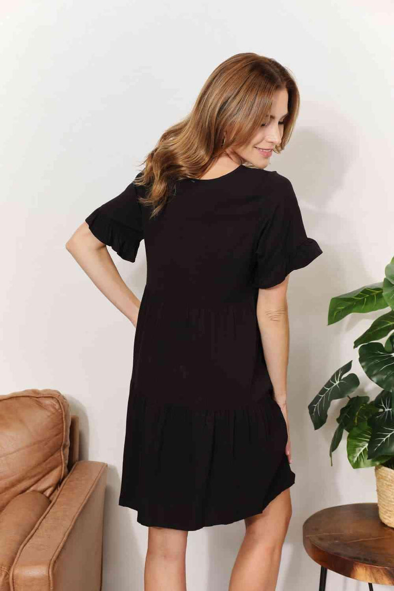 Double Take V-Neck Flounce Sleeve Tiered Dress - Three Mad Hatters Mercantile 