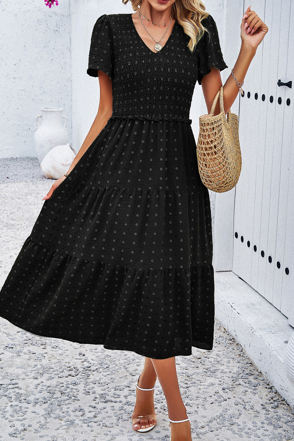 Swiss Dot Short Sleeve Smocked Dress Womens Midi Dress   