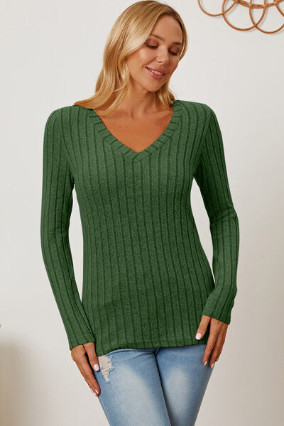 Basic Bae Full Size Ribbed V-Neck Long Sleeve T-Shirt  Mid Green S 