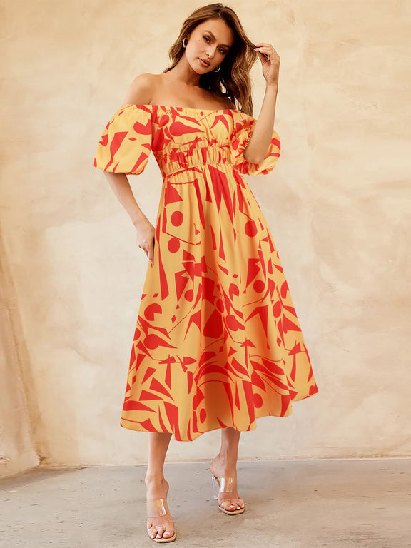 Printed Off-Shoulder Balloon Sleeve Dress Womens Midi Dress Red Orange S 