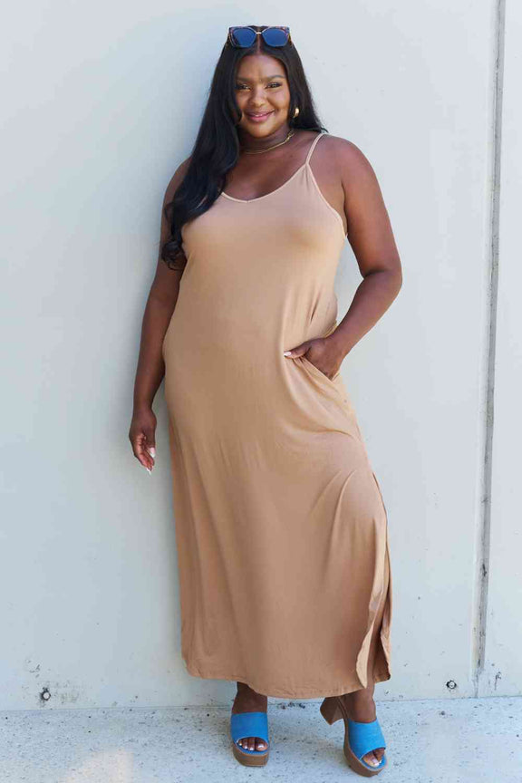 Ninexis Good Energy Full Size Cami Side Slit Maxi Dress in Camel Maxi Dress   