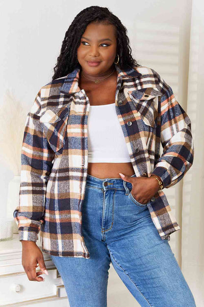 Double Take Plaid Button Front Shirt Jacket with Breast Pockets Shacket Navy S 