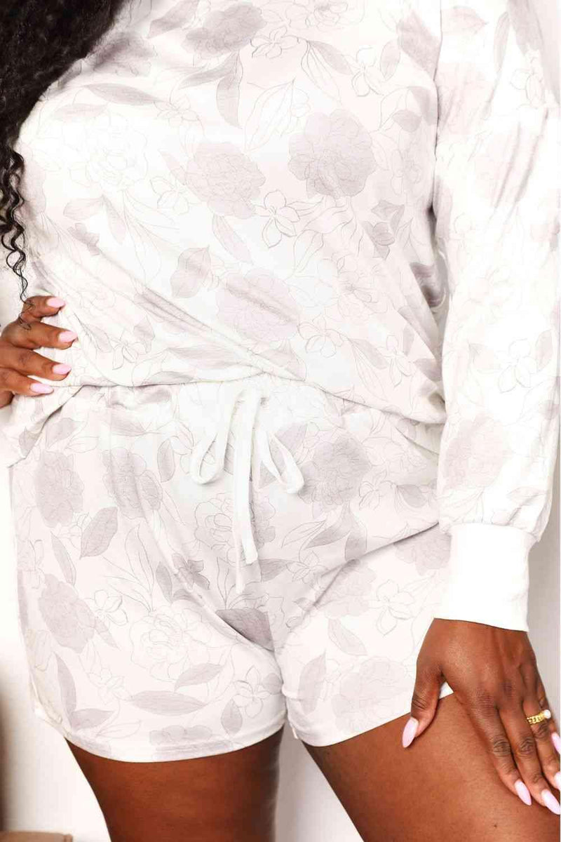 Double Take Floral Long Sleeve Top and Shorts Loungewear Set - Three Mad Hatters Mercantile 