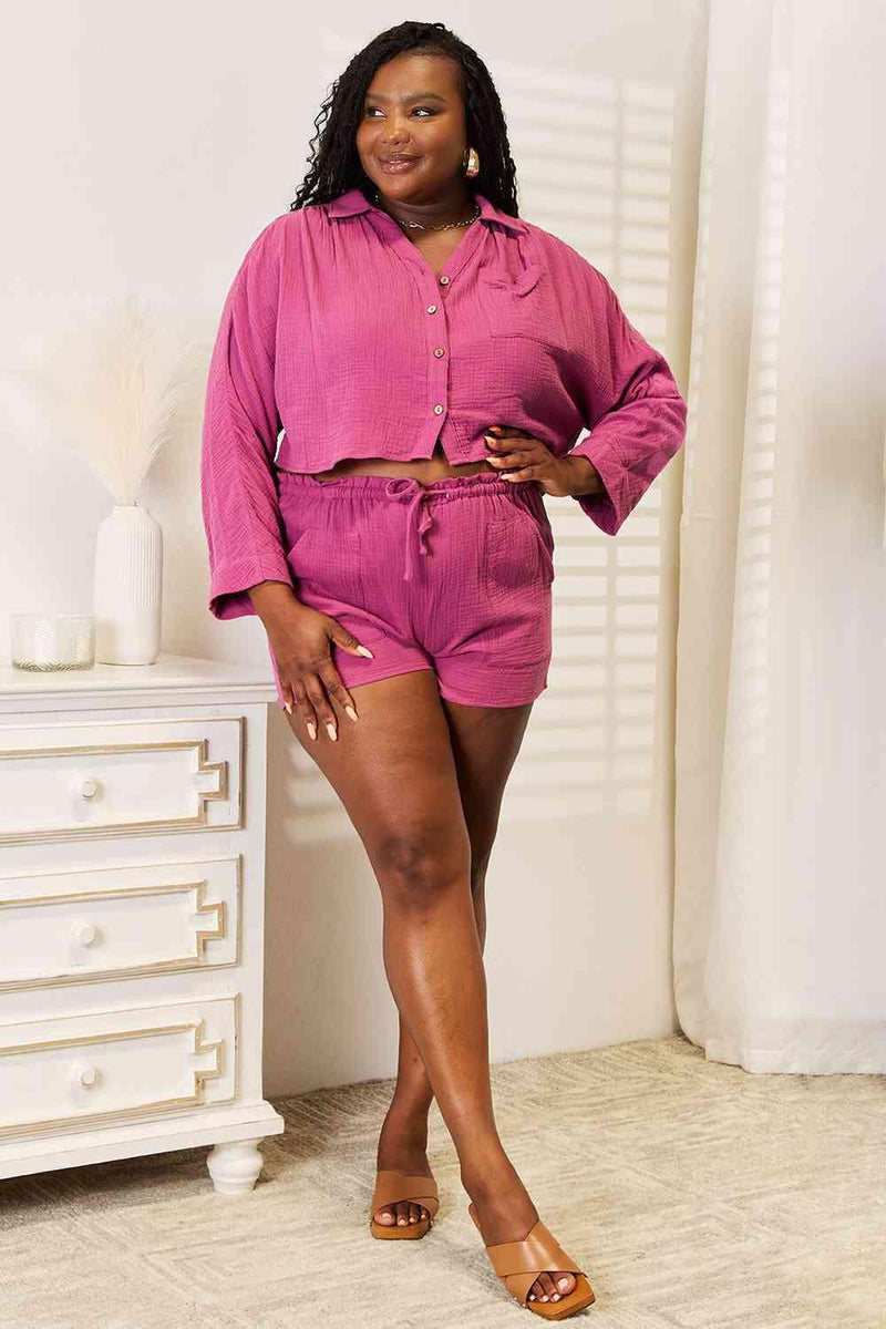 Basic Bae Buttoned Long Sleeve Top and Shorts Set - Three Mad Hatters Mercantile 