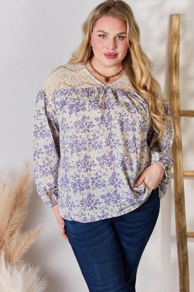 Hailey & Co Full Size Lace Detail Printed Blouse Long Sleeve Blouse   