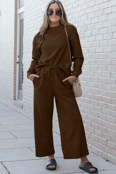 Double Take Full Size Textured Long Sleeve Top and Drawstring Pants Set Activewear Set Chestnut S 