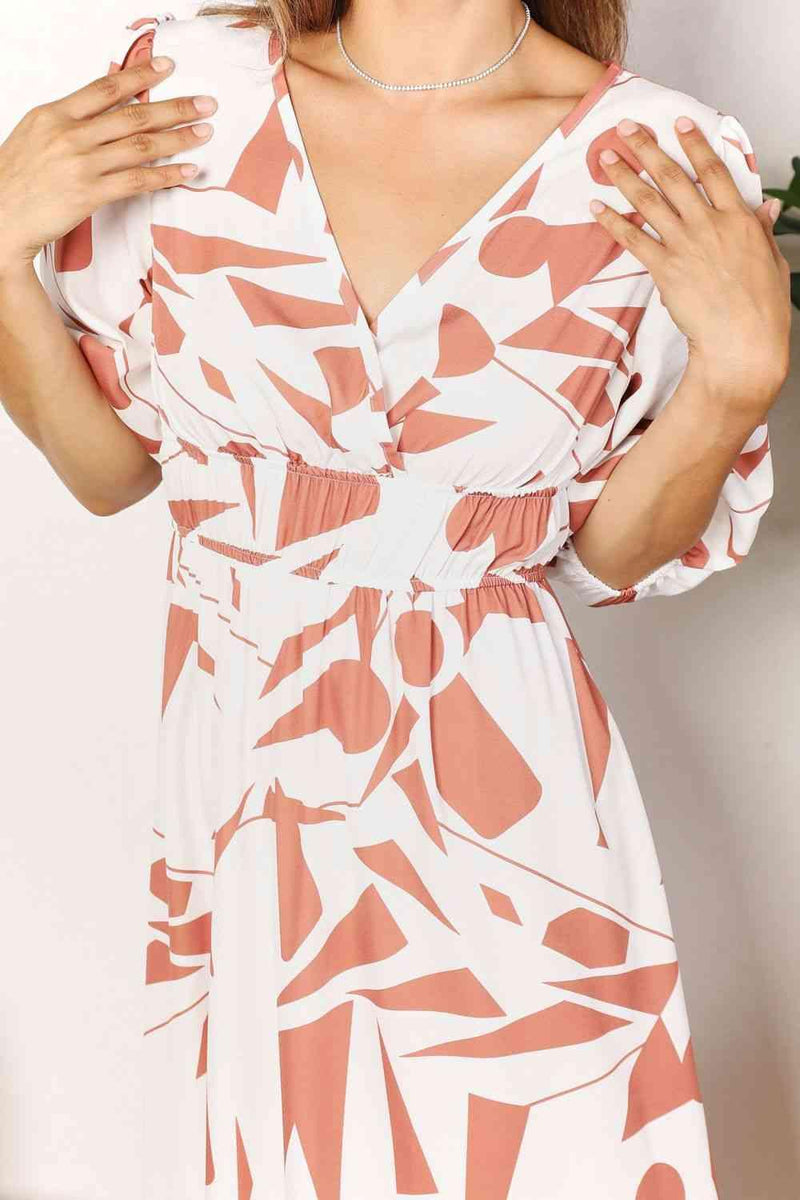Double Take Printed Surplice Balloon Sleeve Dress - Three Mad Hatters Mercantile 
