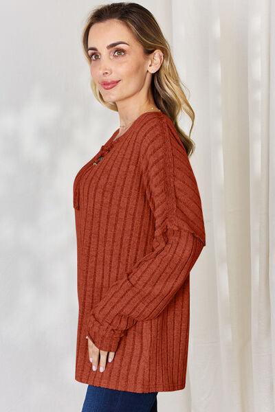 Basic Bae Full Size Ribbed Half Button Long Sleeve T-Shirt - Three Mad Hatters Mercantile 