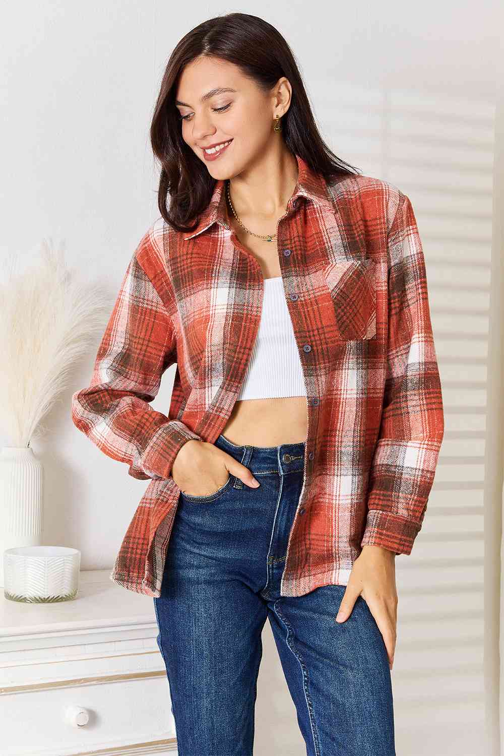 Double Take Plaid Collared Neck Long Sleeve Shirt Long Sleeve Shirt Ochre S 