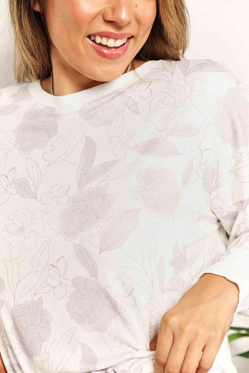 Double Take Floral Long Sleeve Top and Shorts Loungewear Set - Three Mad Hatters Mercantile 