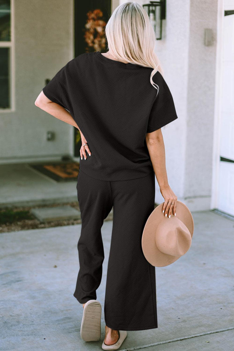 Double Take Texture Short Sleeve Top and Pants Set - Three Mad Hatters Mercantile 