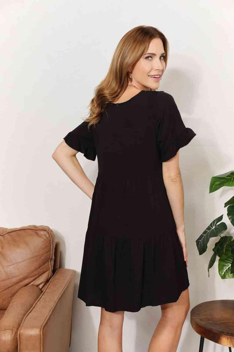 Double Take V-Neck Flounce Sleeve Tiered Dress - Three Mad Hatters Mercantile 