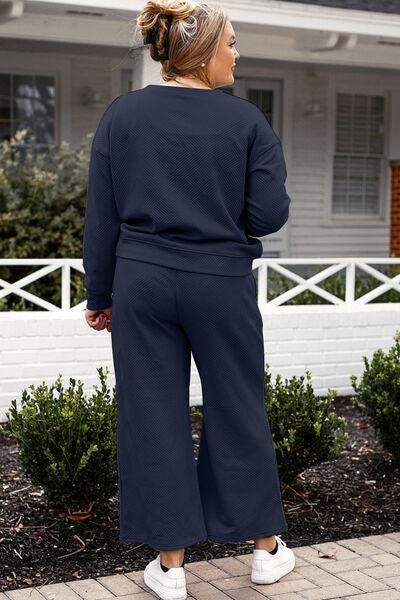 Double Take Full Size Textured Long Sleeve Top and Drawstring Pants Set - Three Mad Hatters Mercantile 