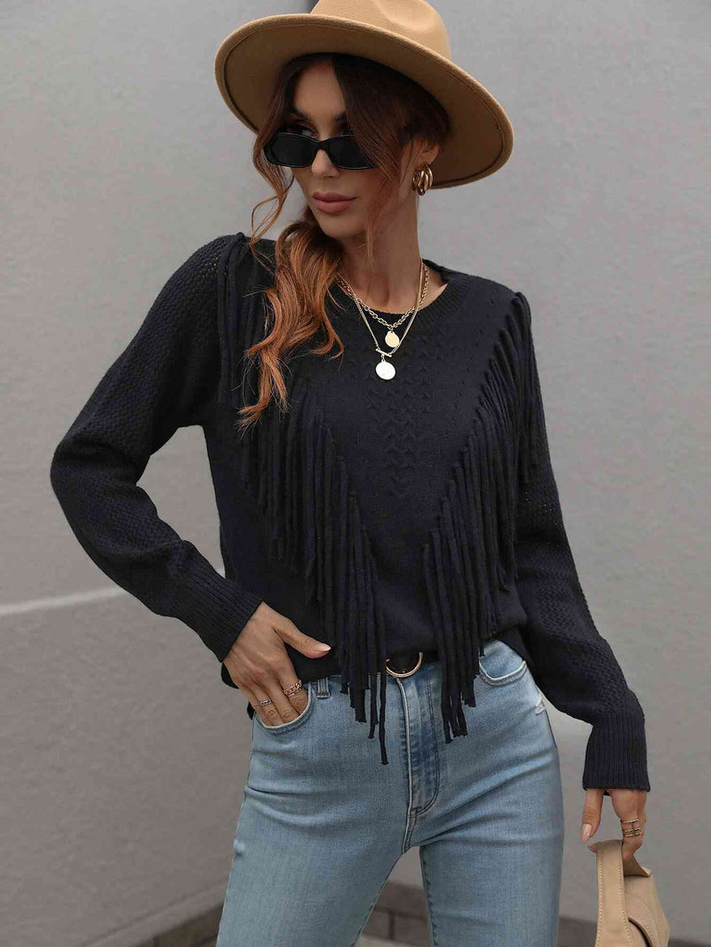 Double Take Fringe Detail Ribbed Trim Sweater Sweater   