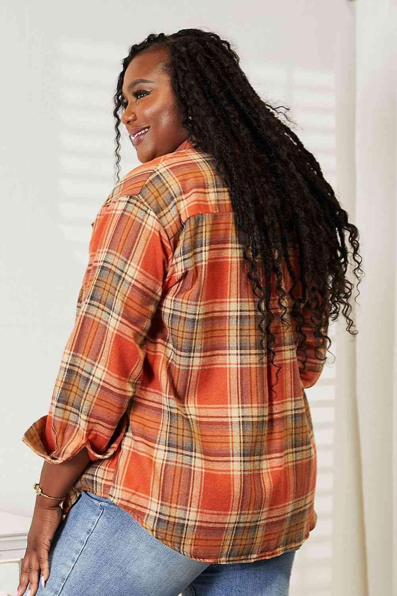 Double Take Plaid Dropped Shoulder Shirt - Three Mad Hatters Mercantile 