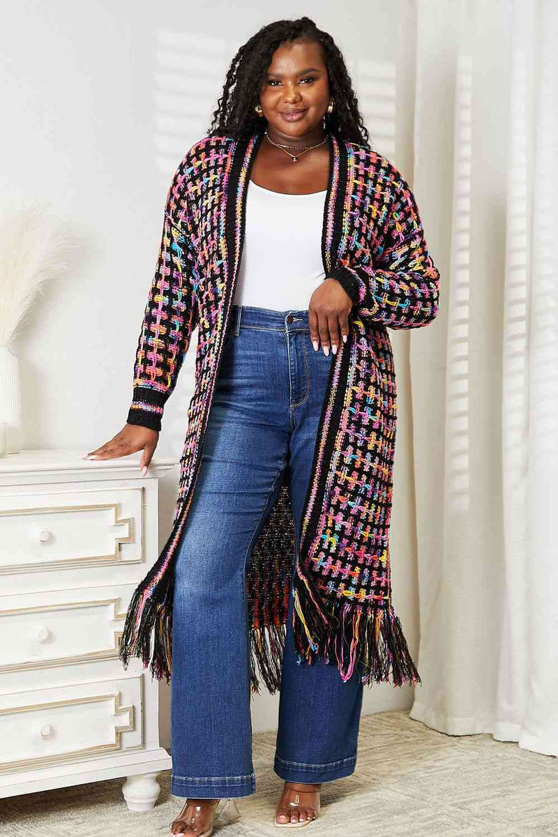 Double Take Multicolored Open Front Fringe Hem Cardigan Cardigan   