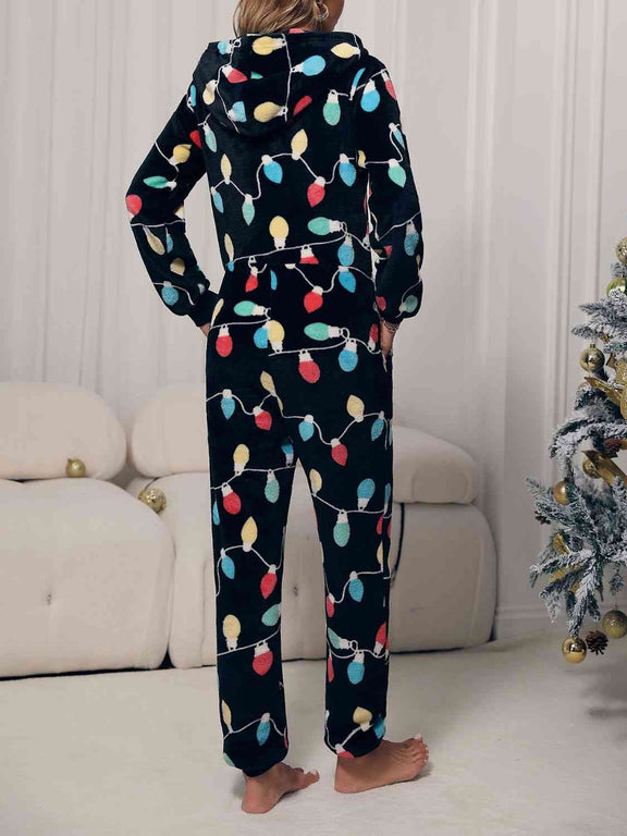 Zip Front Hooded Lounge Jumpsuit with Pockets Lounge Set   