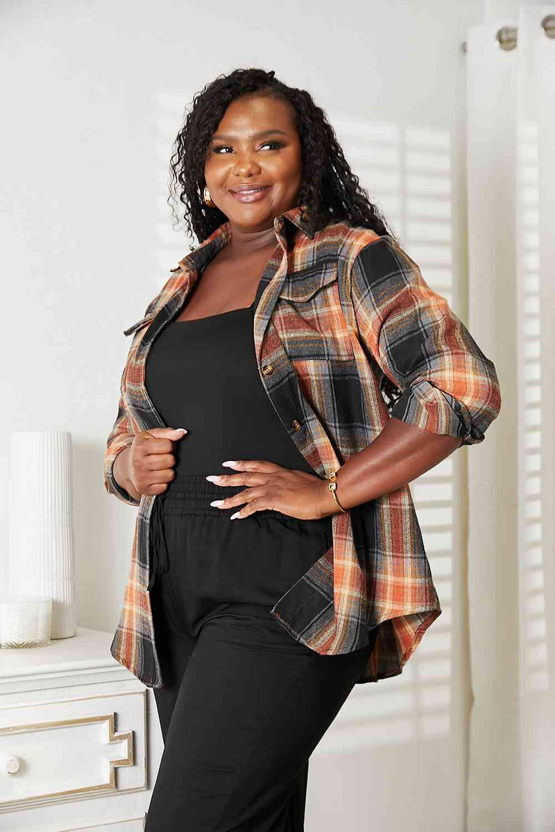 Double Take Plaid Dropped Shoulder Shirt - Three Mad Hatters Mercantile 