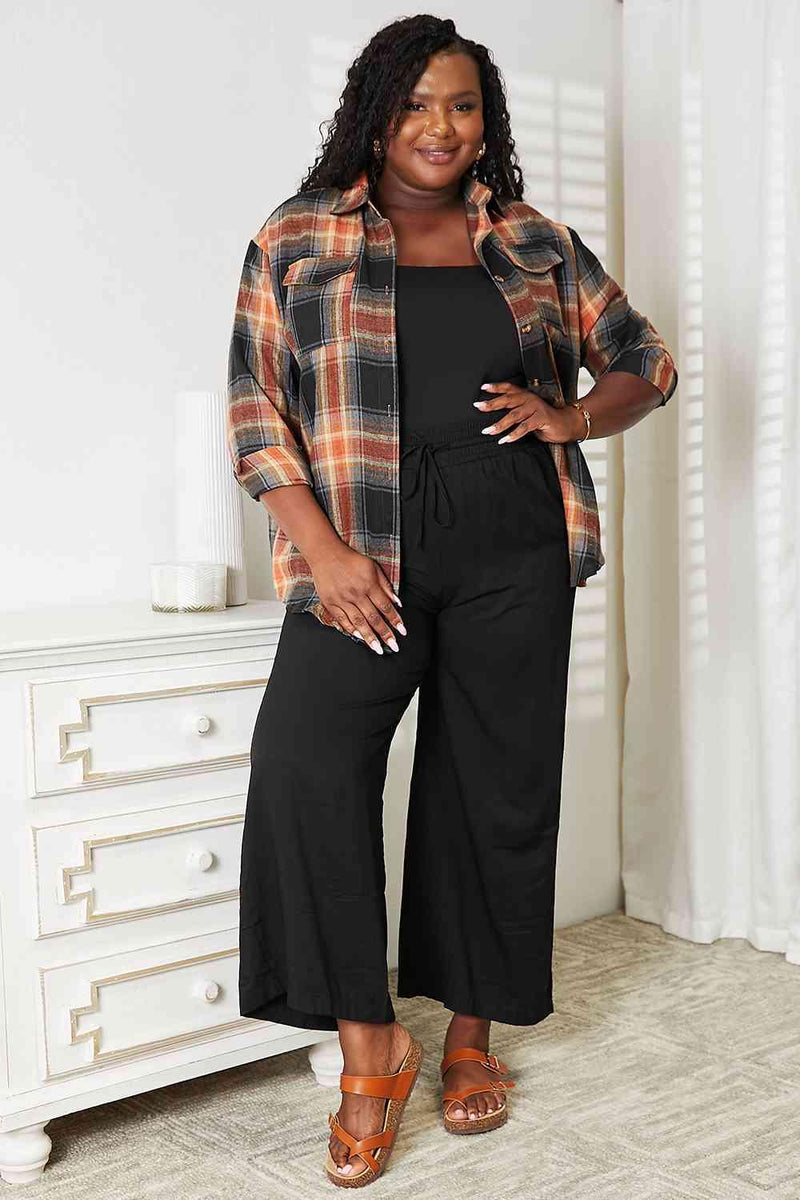 Double Take Plaid Dropped Shoulder Shirt - Three Mad Hatters Mercantile 