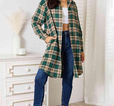 Double Take Plaid Collared Neck Long Sleeve Shirt