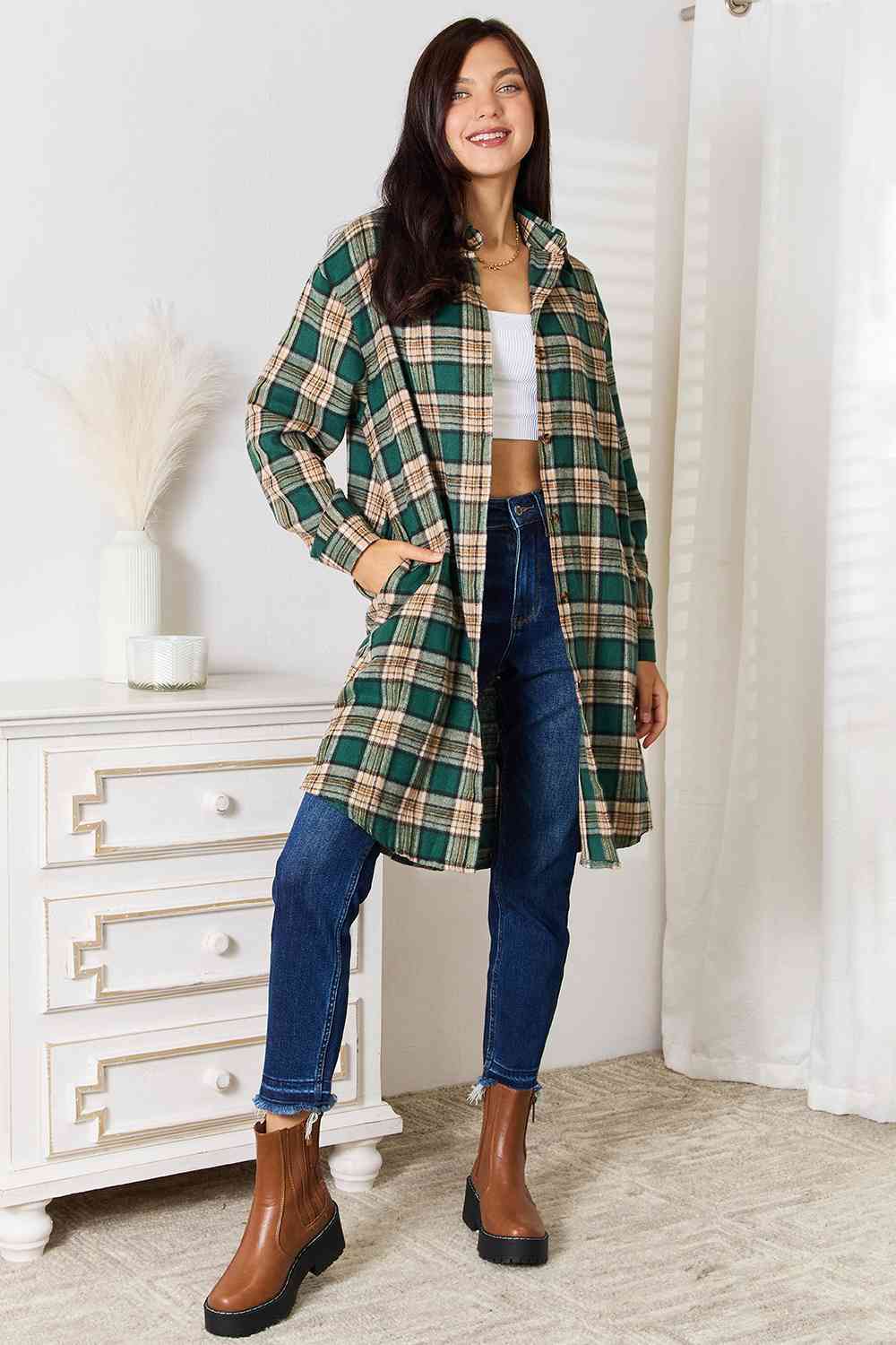 Double Take Plaid Collared Neck Long Sleeve Shirt    