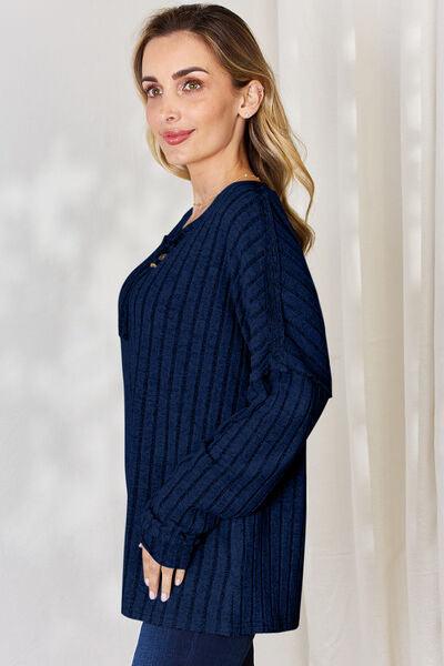 Basic Bae Full Size Ribbed Half Button Long Sleeve T-Shirt - Three Mad Hatters Mercantile 