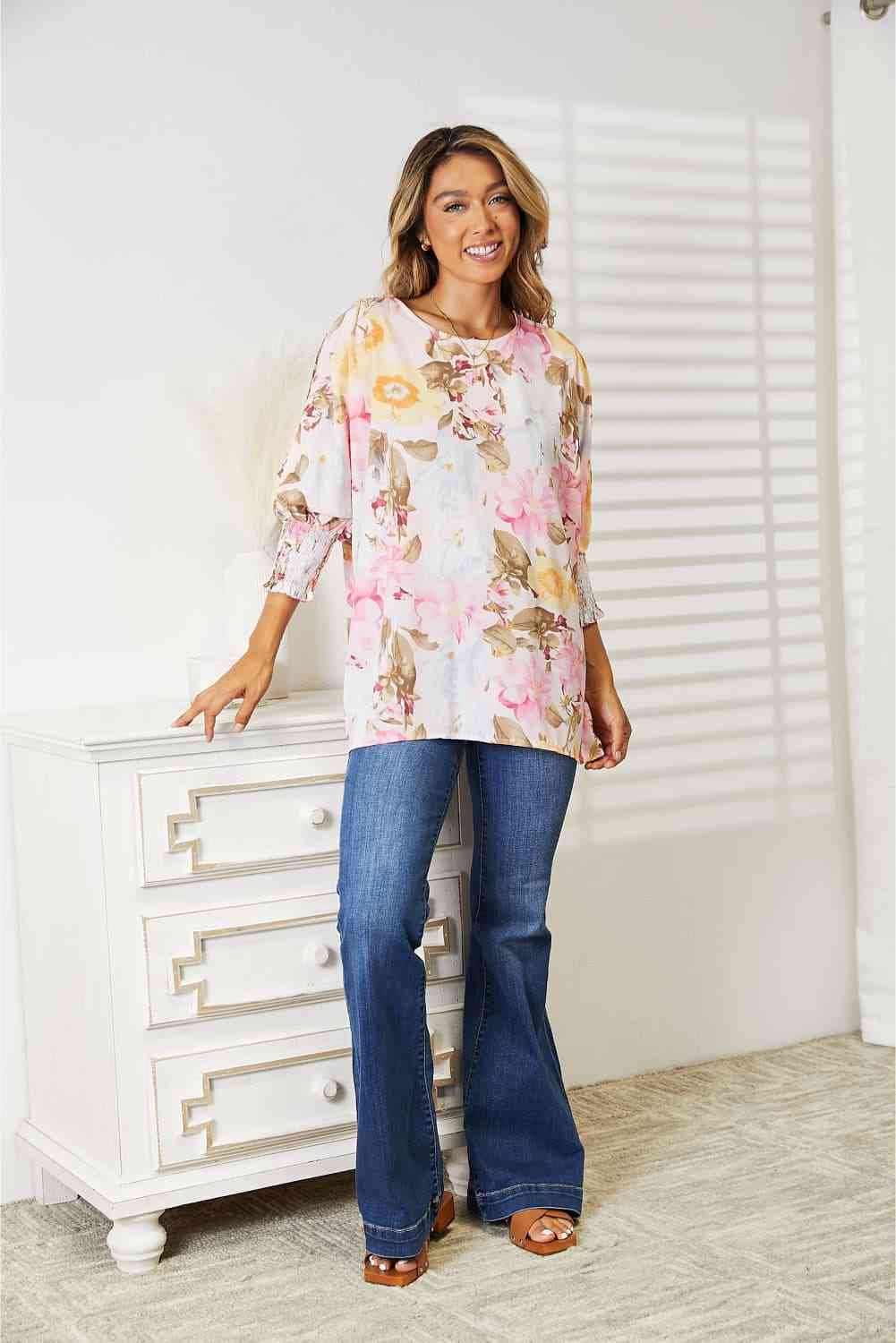 Double Take Floral Round Neck Three-Quarter Sleeve Top Womens Blouse   