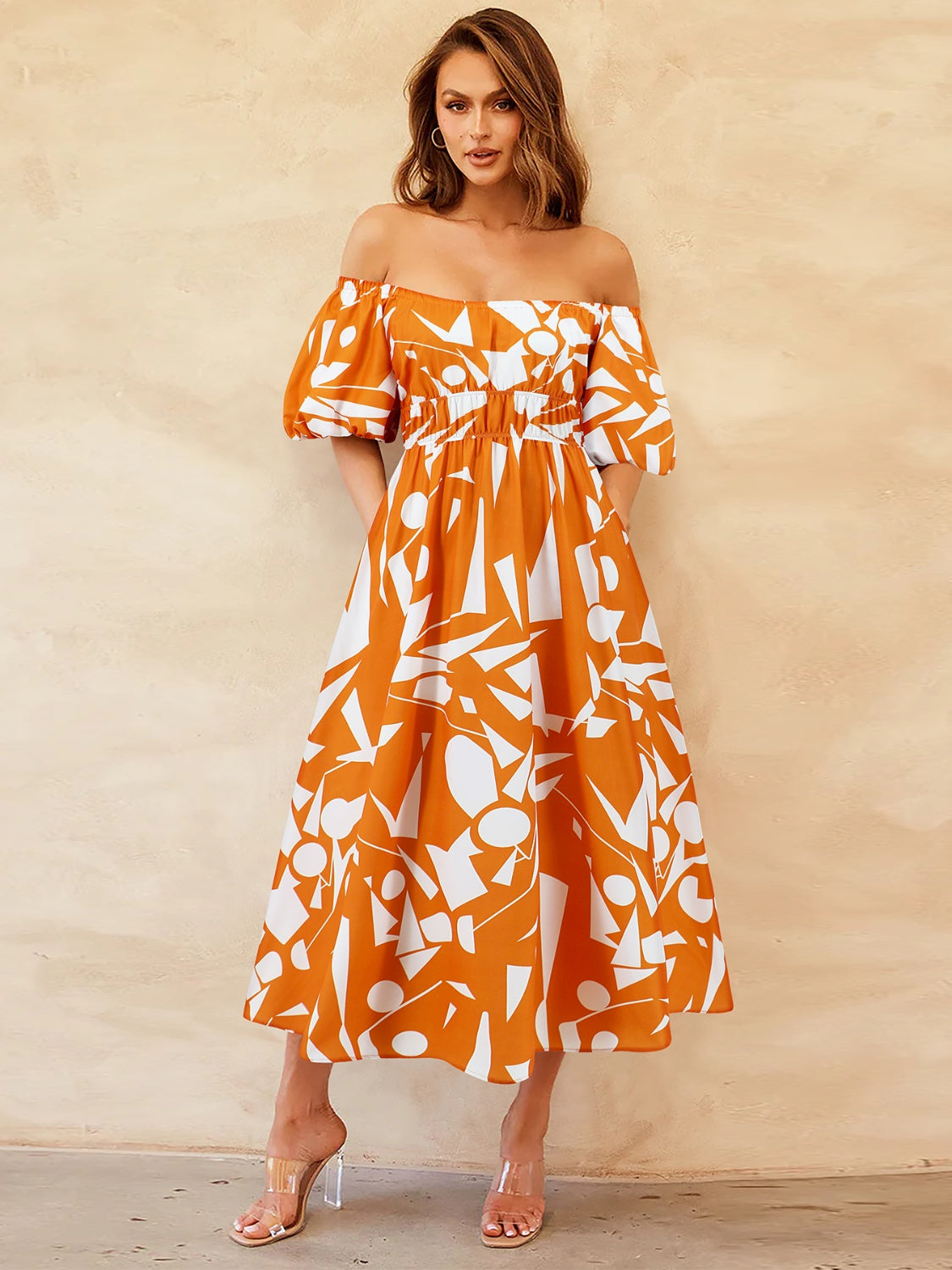 Printed Off-Shoulder Balloon Sleeve Dress Womens Midi Dress Pumpkin S 