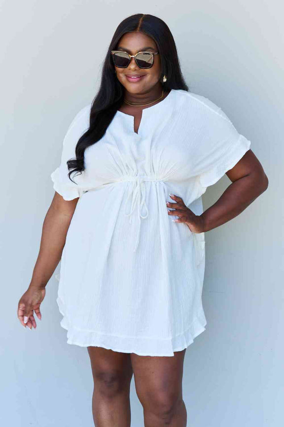 Ninexis Out Of Time Full Size Ruffle Hem Dress with Drawstring Waistband in White women mini dress   