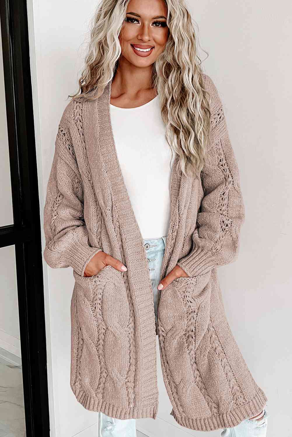 Cable-Knit Dropped Shoulder Cardigan Cardigan Mocha S 