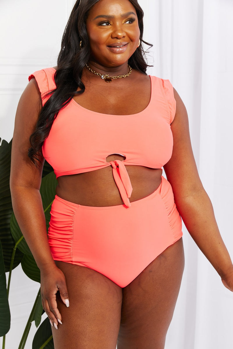 Marina West Swim Sanibel Crop Swim Top and Ruched Bottoms Set in Coral Womens Swimsuit   