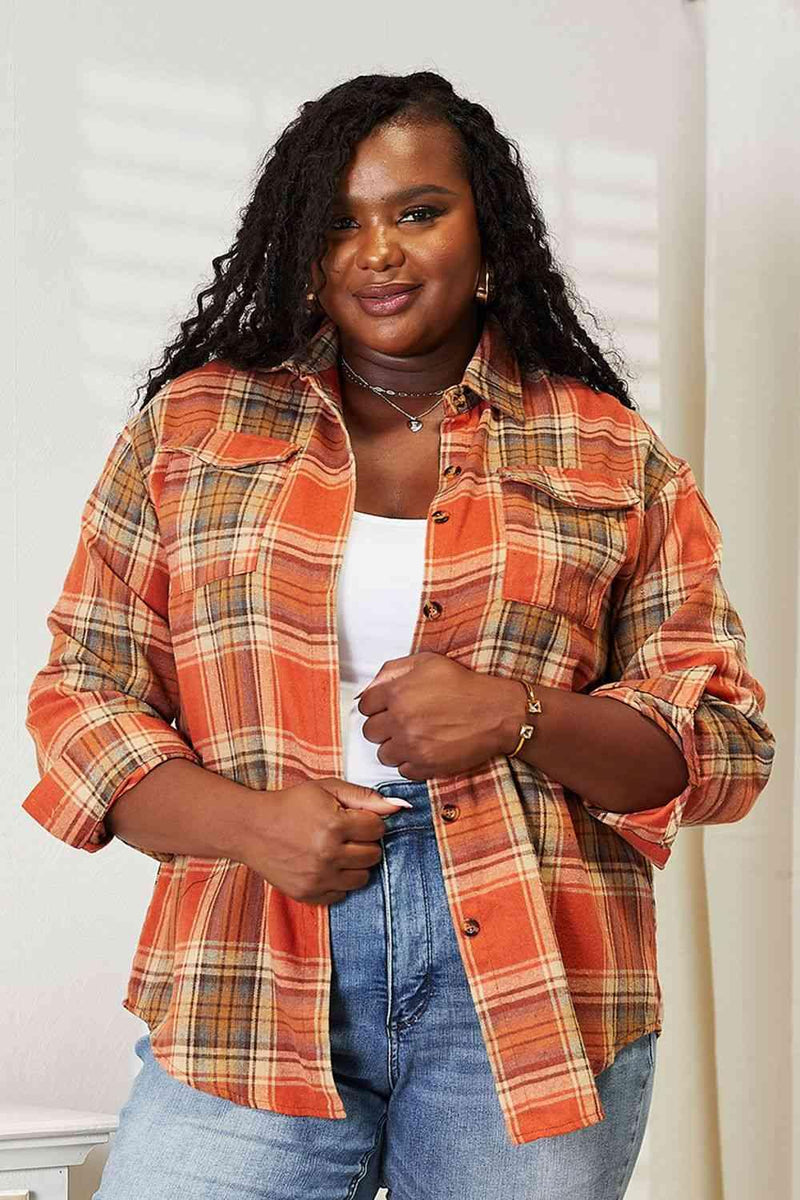 Double Take Plaid Dropped Shoulder Shirt - Three Mad Hatters Mercantile 