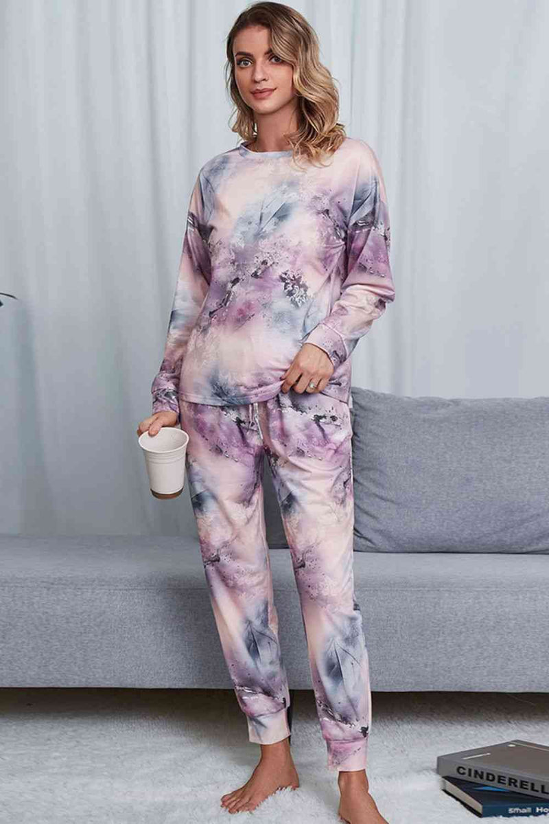 Tie-Dye Crewneck Top and Drawstring Waist Joggers Lounge Set Lounge Set Lilac S 