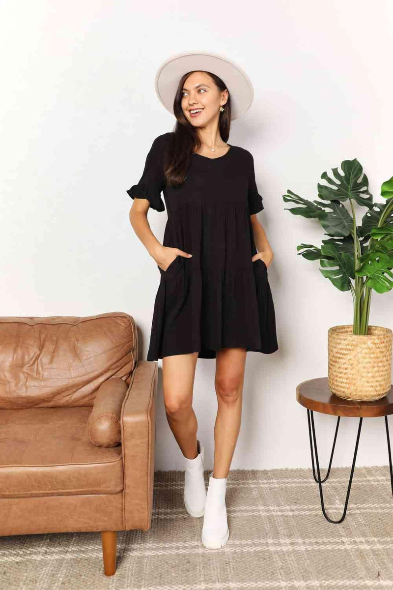 Double Take V-Neck Flounce Sleeve Tiered Dress - Three Mad Hatters Mercantile 
