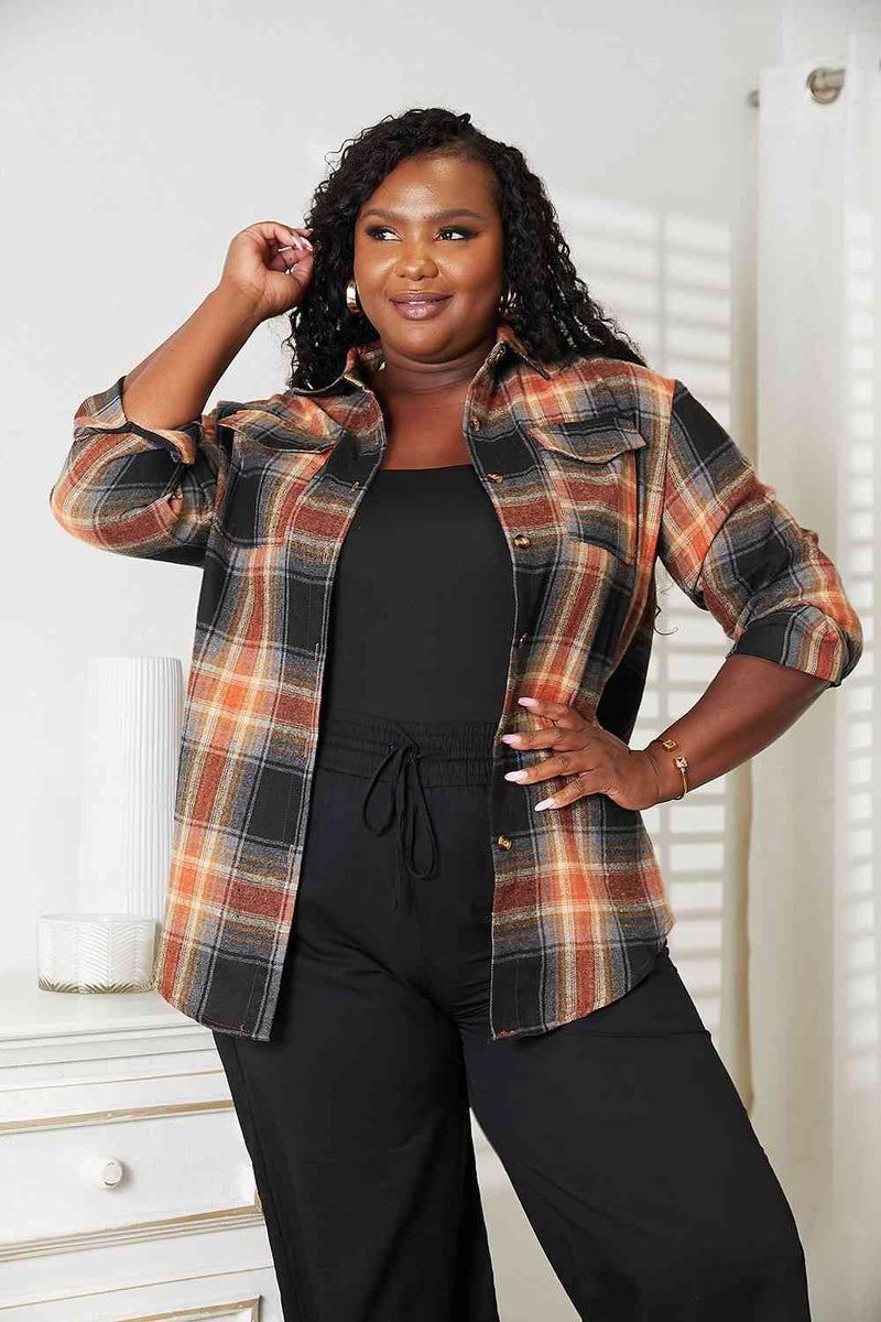Double Take Plaid Dropped Shoulder Shirt - Three Mad Hatters Mercantile 