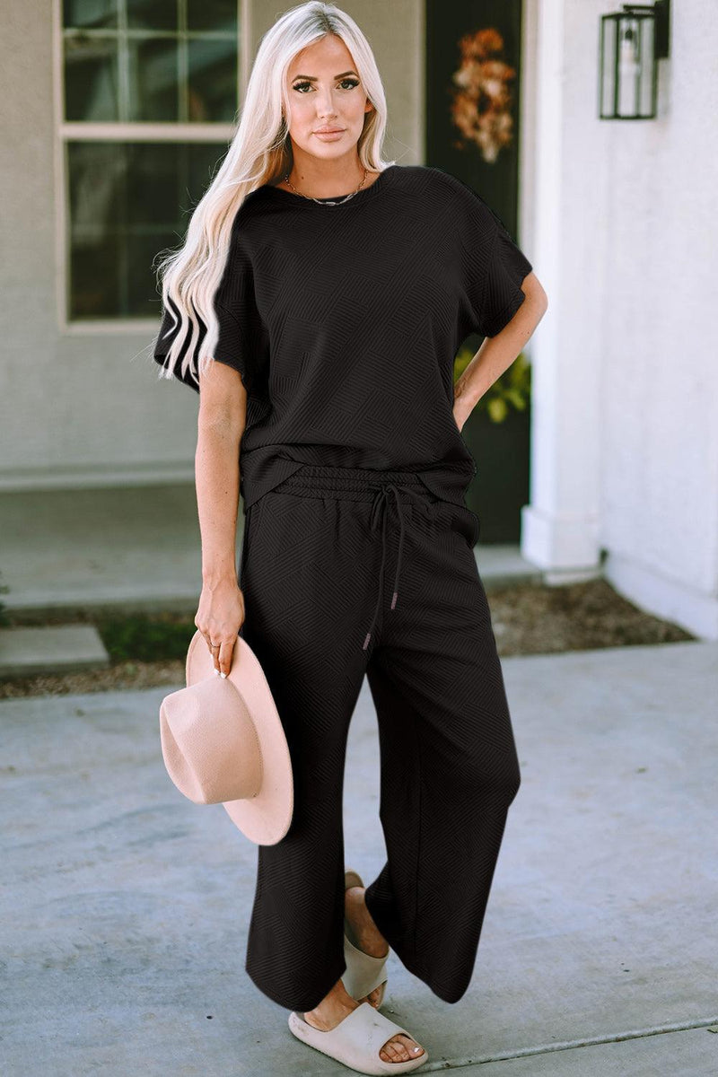 Double Take Texture Short Sleeve Top and Pants Set - Three Mad Hatters Mercantile 